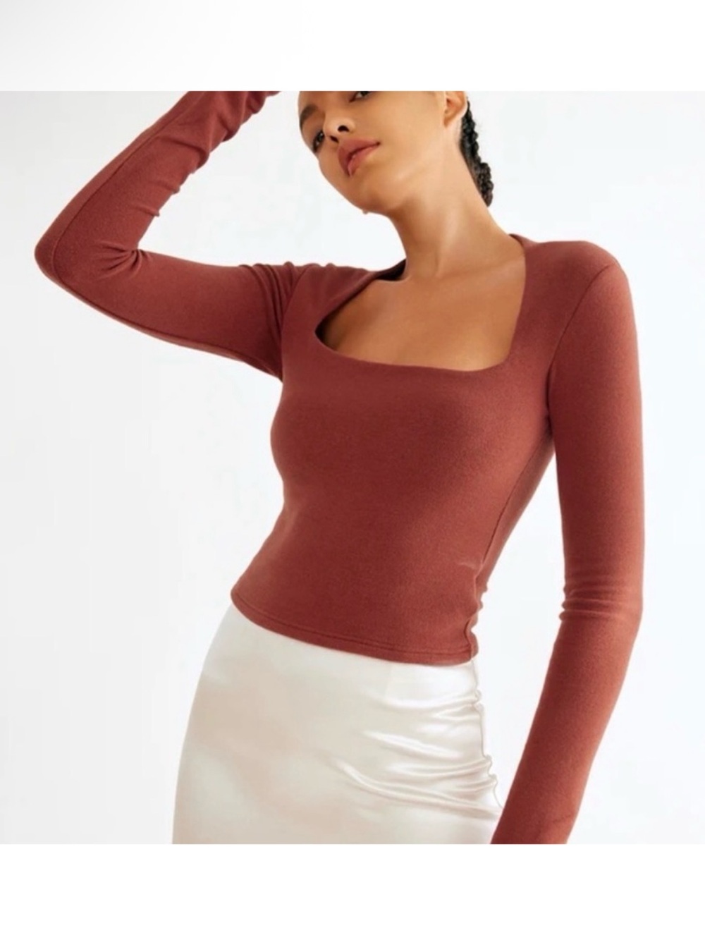 OGL Long Sleeve Fitted Top square Neck Soft Rust Orange